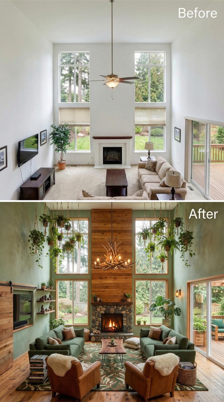 Sage Green Walls and Stone Hearth Anchor Plant-Filled Biophilic Retreat