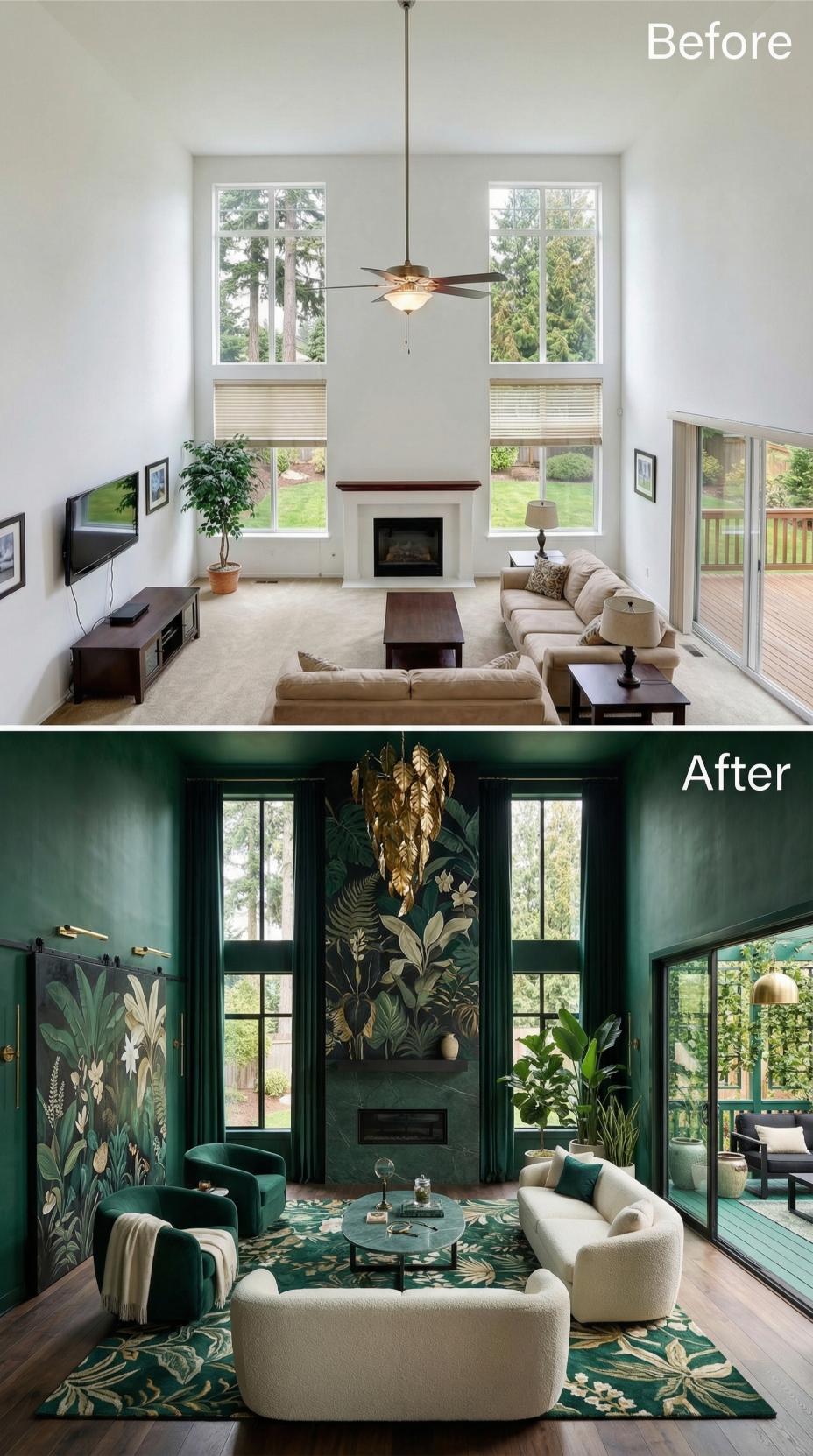 Deep Emerald Walls and Botanical Murals Turn Neutral Space into Jewel-Toned Jungle