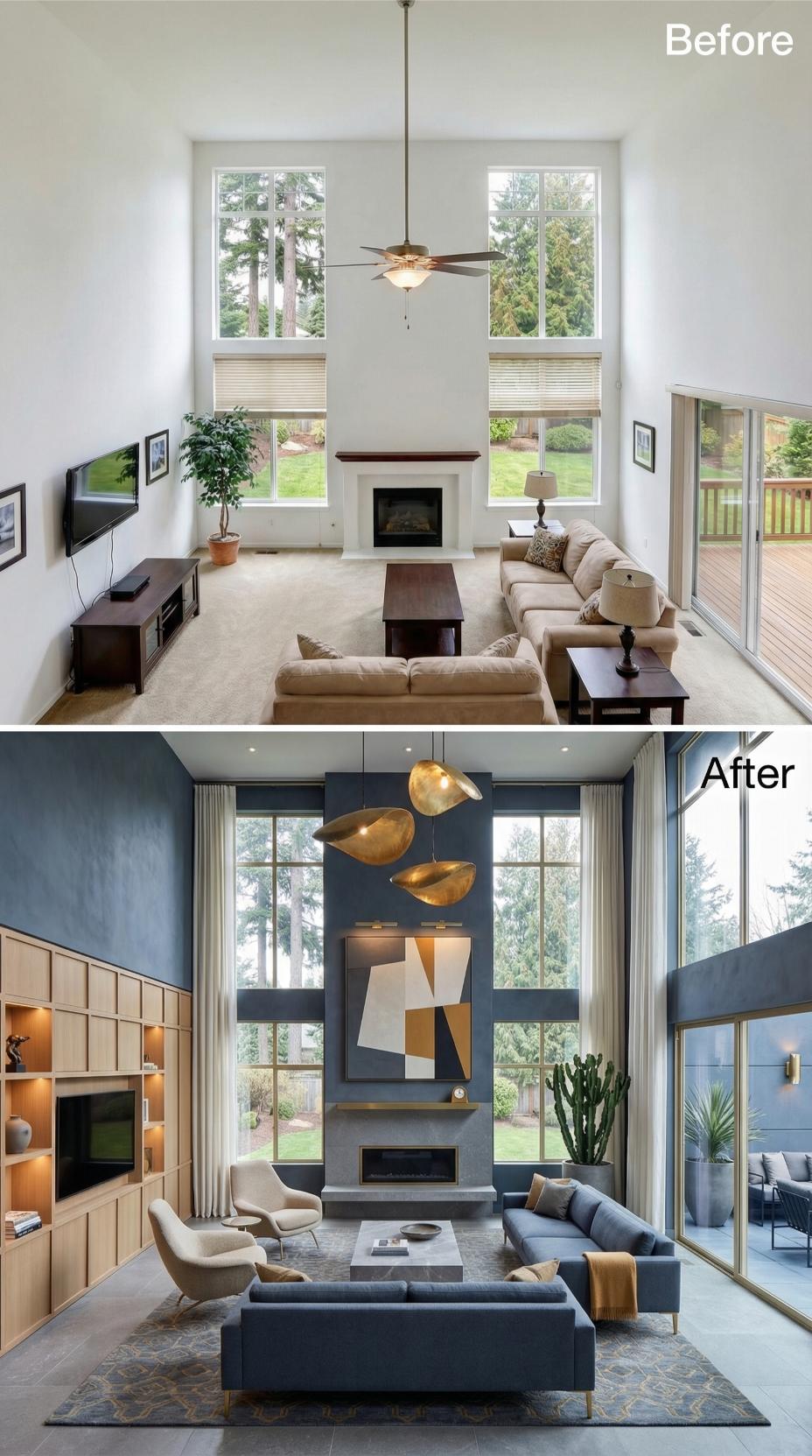 Navy Accent Wall and Custom Built-In Shelving Frame Modern Fireplace