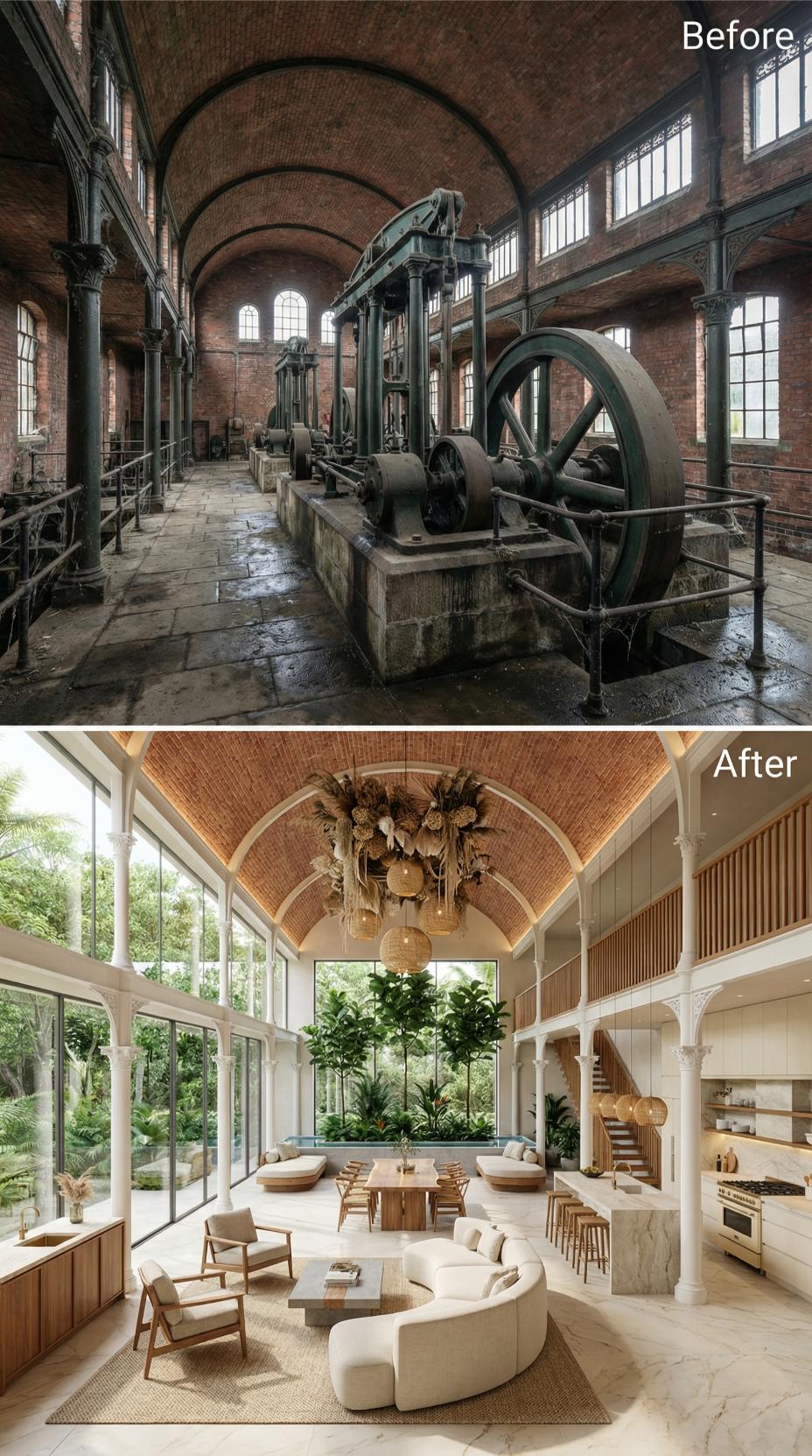 Flywheel Hall to Living Room: Barrel Vault, Rattan Pendants, and a Pool Beyond the Glass