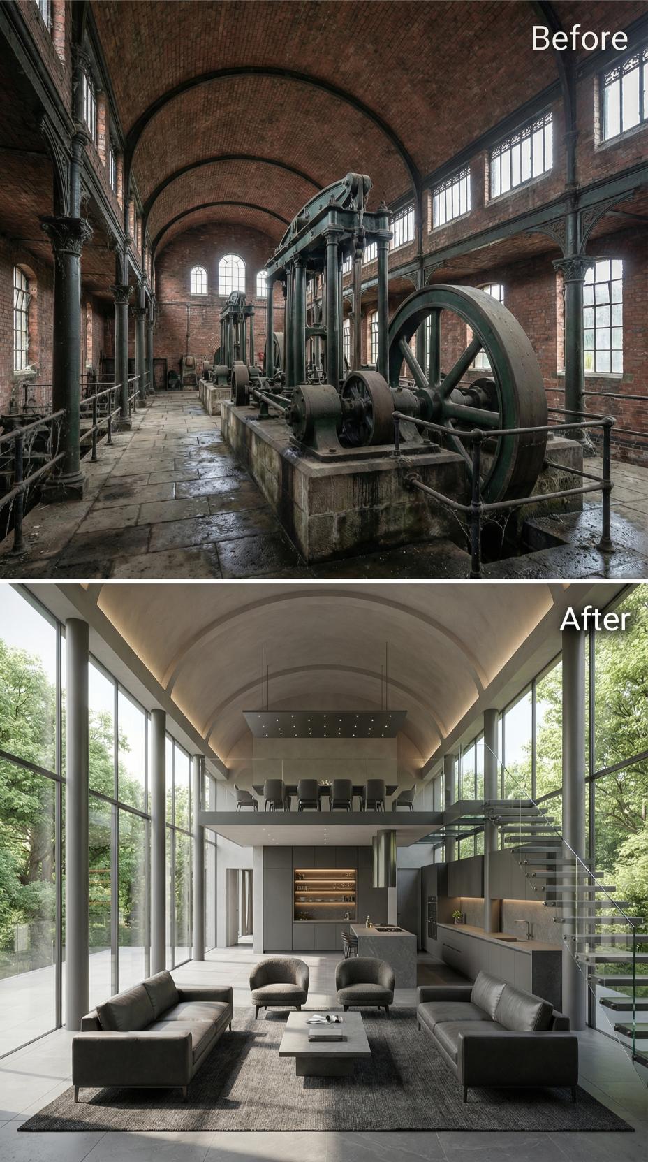 Cast-Iron Columns Standing, Flywheel Gone, Glass Walls Doing the Heavy Lifting Now