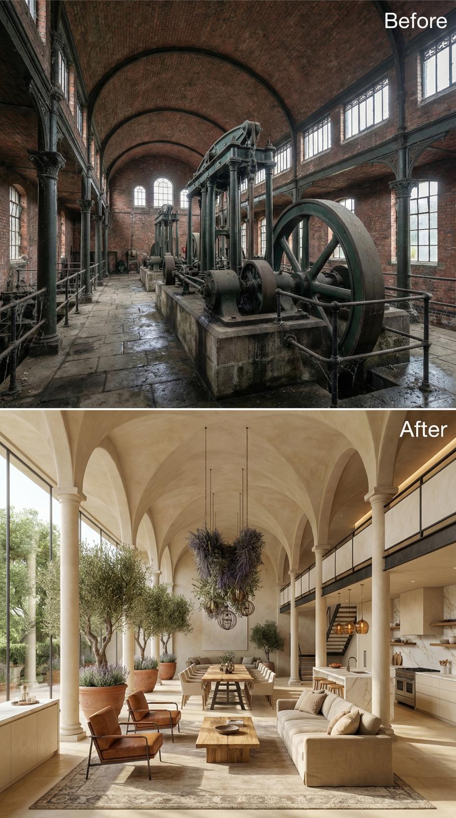 Groin Vault Plastered White, Flywheel Hall Replaced by Olive Trees and Linen