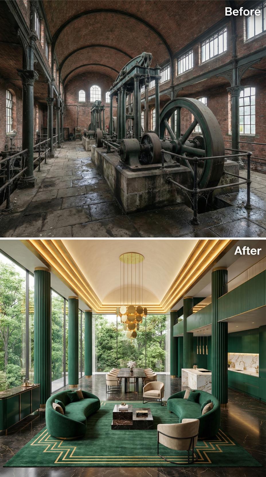 Emerald Columns, Gold Ceiling Coves, and Velvet Curved Sofas Where the Flywheel Ran