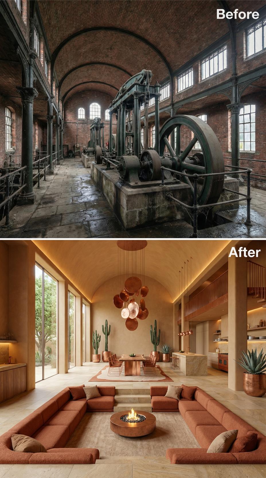 Sunken Fire Pit, Copper Pendants, and Cacti Where the Steam Engines Thundered