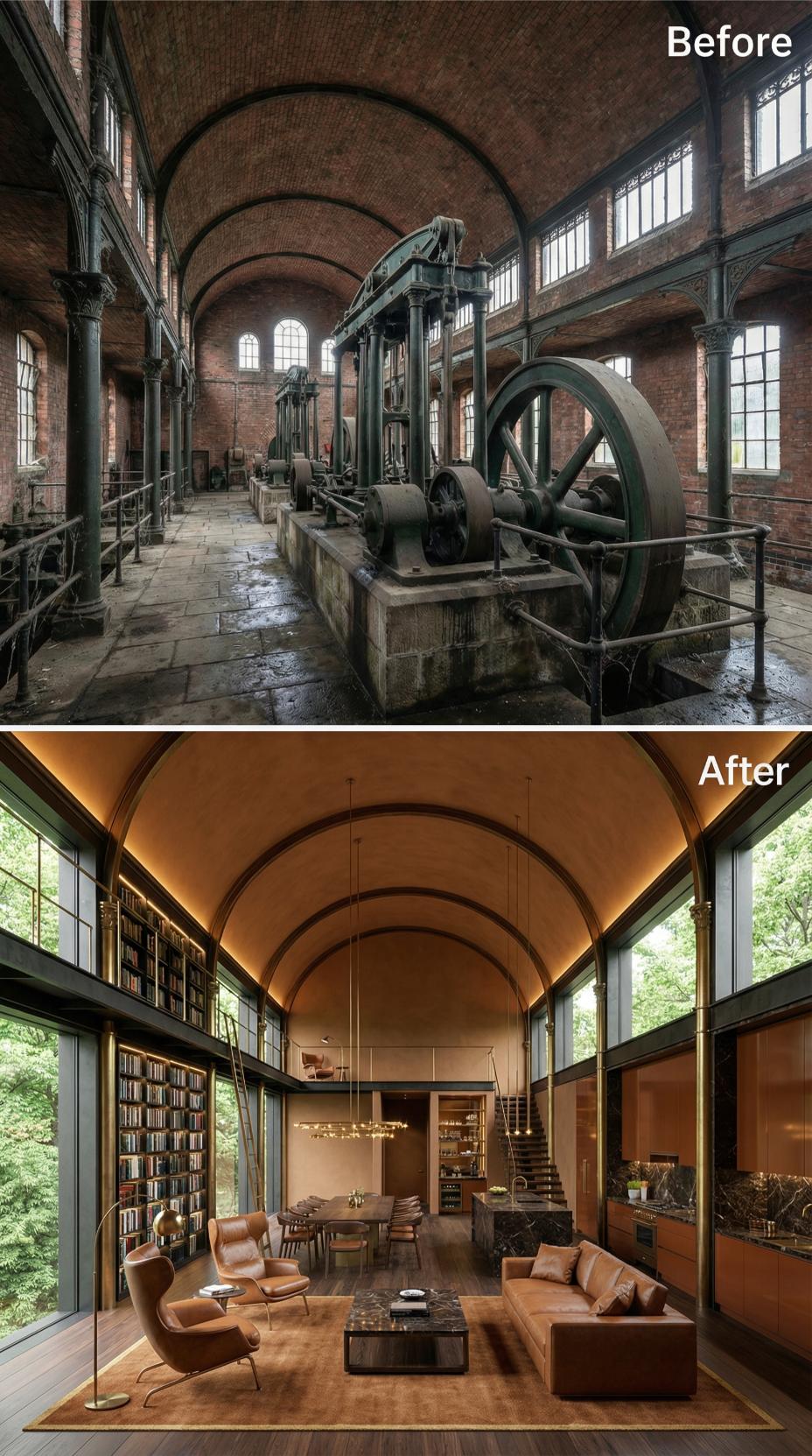 Barrel Vault Kept, Flywheel Hall Gone, Cognac Leather and Warm Plaster Moving In