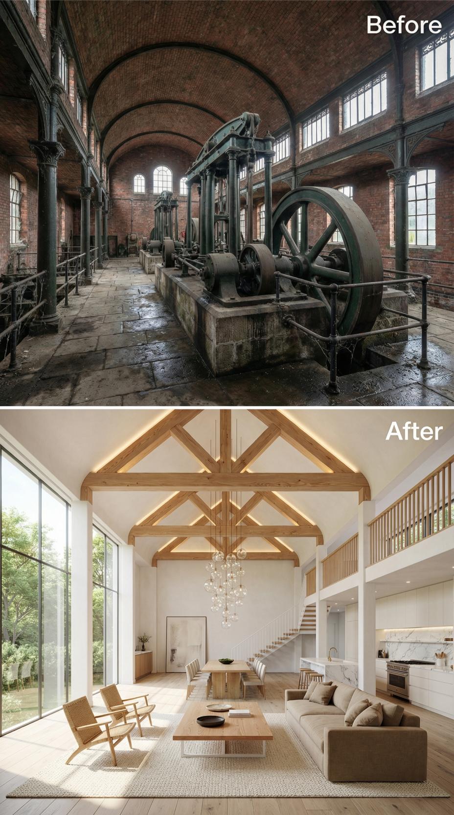Exposed Oak Trusses, Marble Backsplash, and Flywheel Hall Reborn in Linen and Light