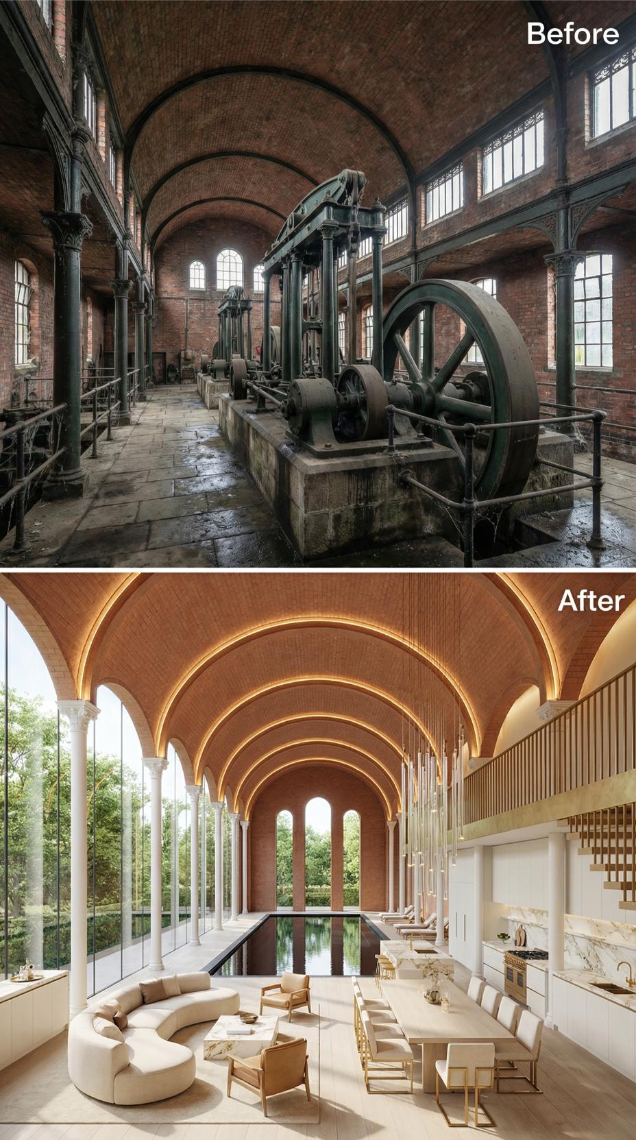 Barrel Vault Lit Gold, Cast-Iron Columns Kept White, Indoor Pool Sliding In Below