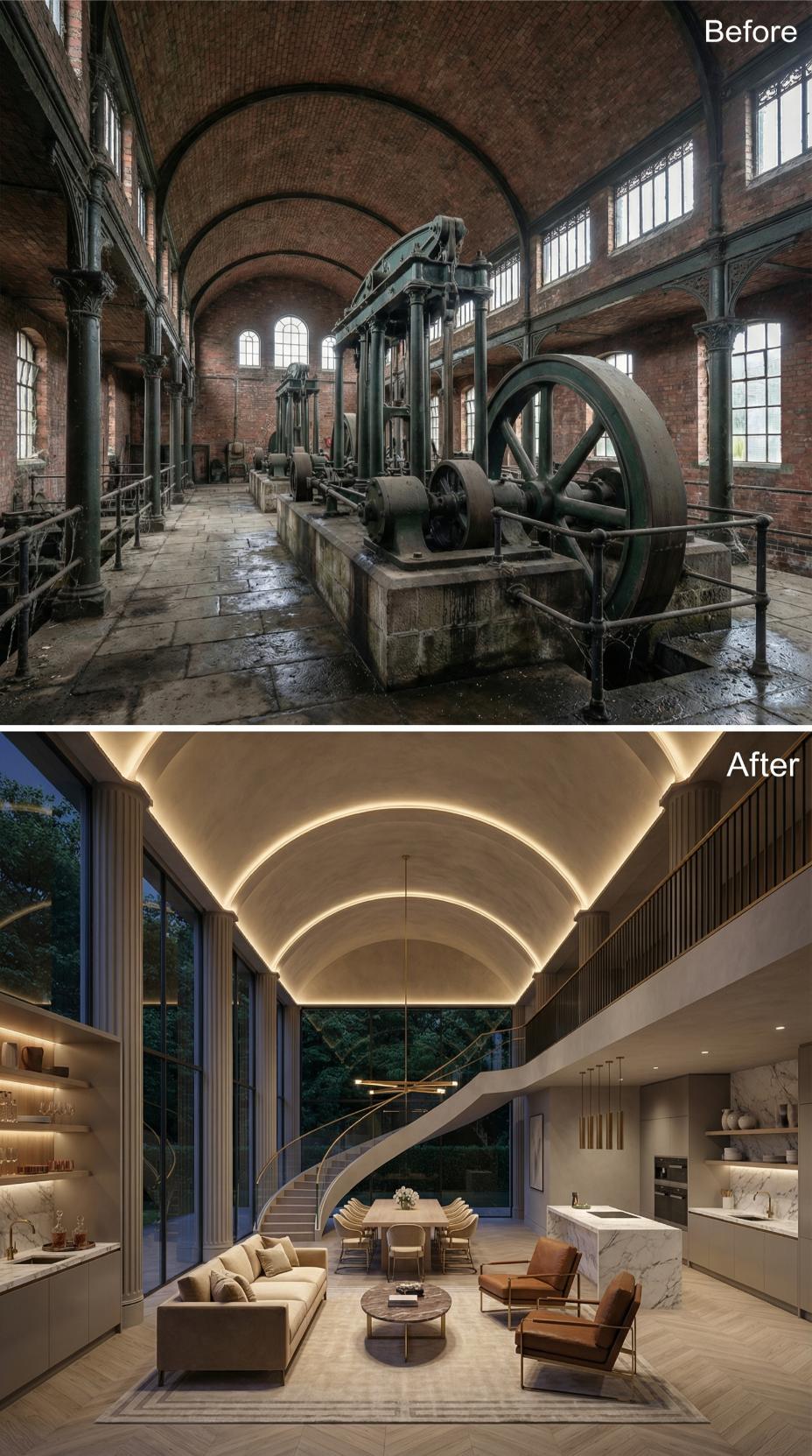Barrel Vault Lit by Cove Strip, Flywheel Hall Now a Living Room with Marble and Cognac Leather