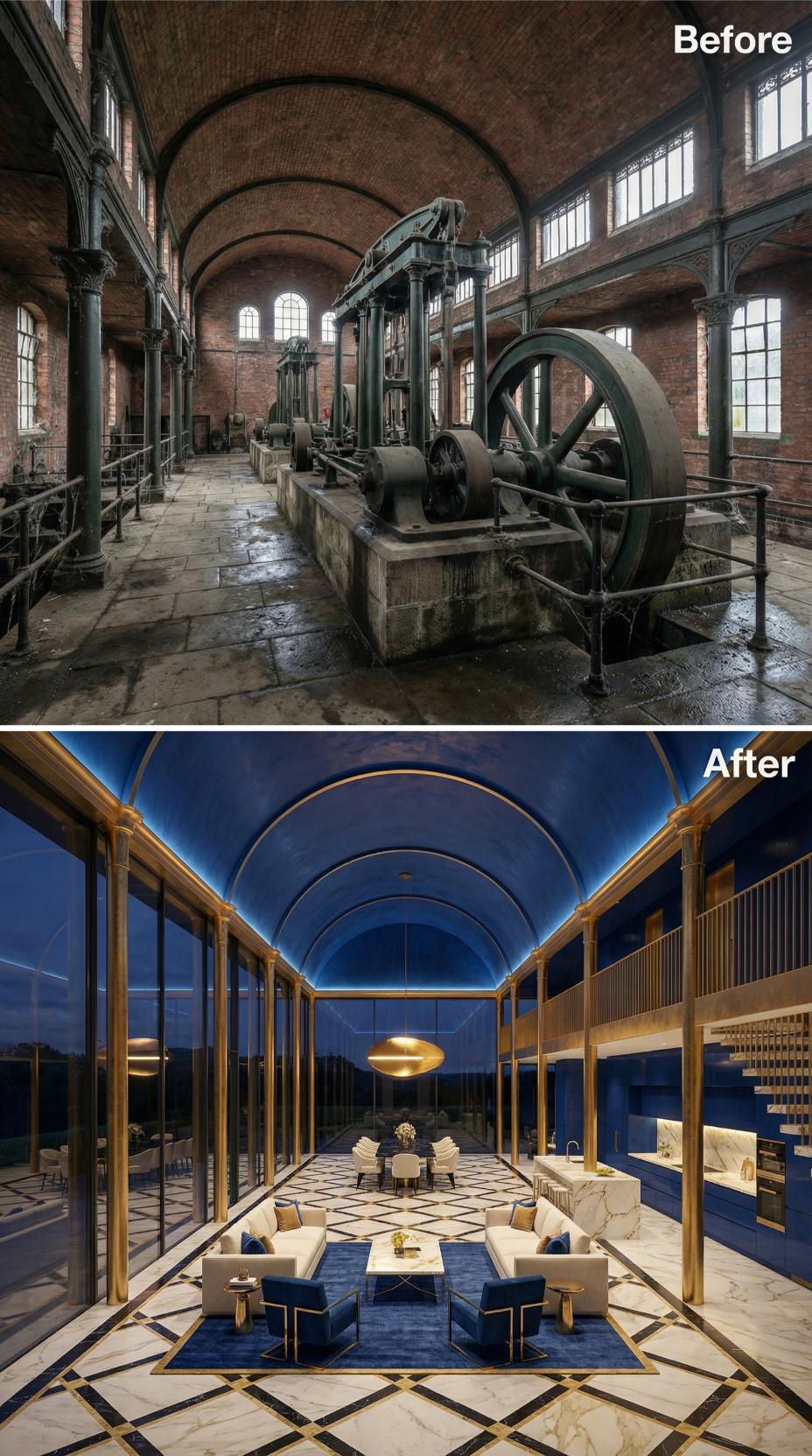 Midnight Blue Vault, Gold Column Cladding, and Marble Chevron Where Steam Engines Stood