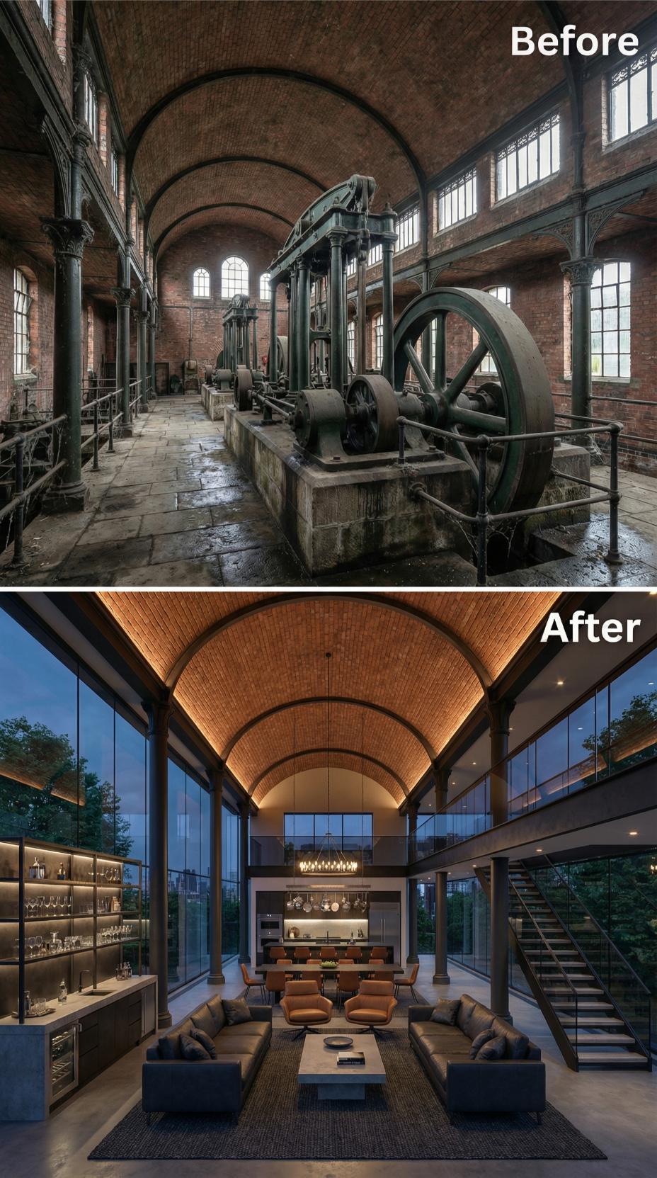 Barrel Vault Brick Kept Raw, Glass Walls Opened Up, Cognac Leather and a Wet Bar Moving In