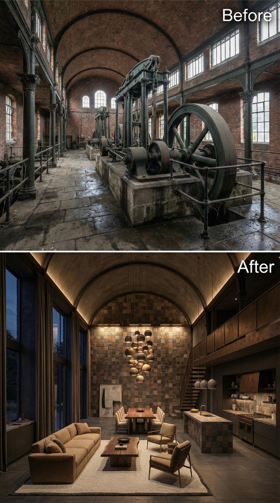 Flywheel Hall to Living Room: Barrel Vault Kept, Tile Wall Lit, Dark Wood Throughout