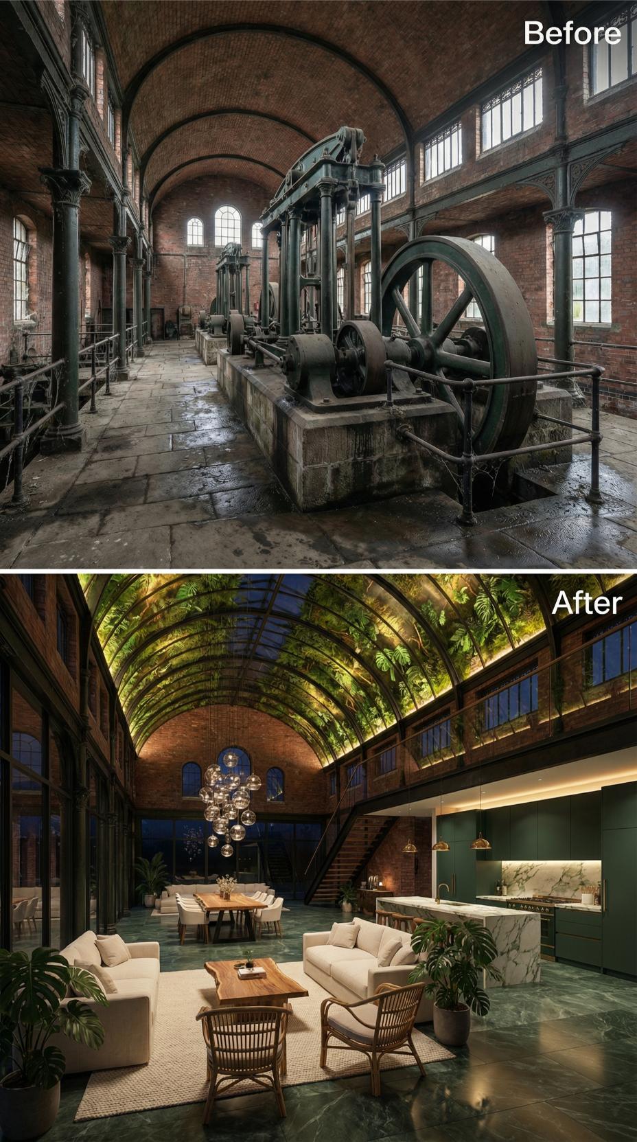 Flywheel Hall Buried Under Living Vines, Marble Island, and Cream Linen