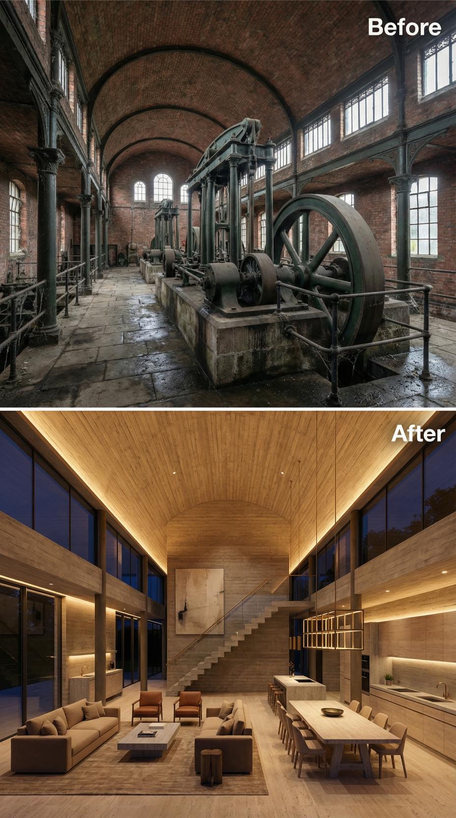 Flywheel Hall Stripped to Barrel Vault, Clad in Douglas Fir, Lit from the Springing Line