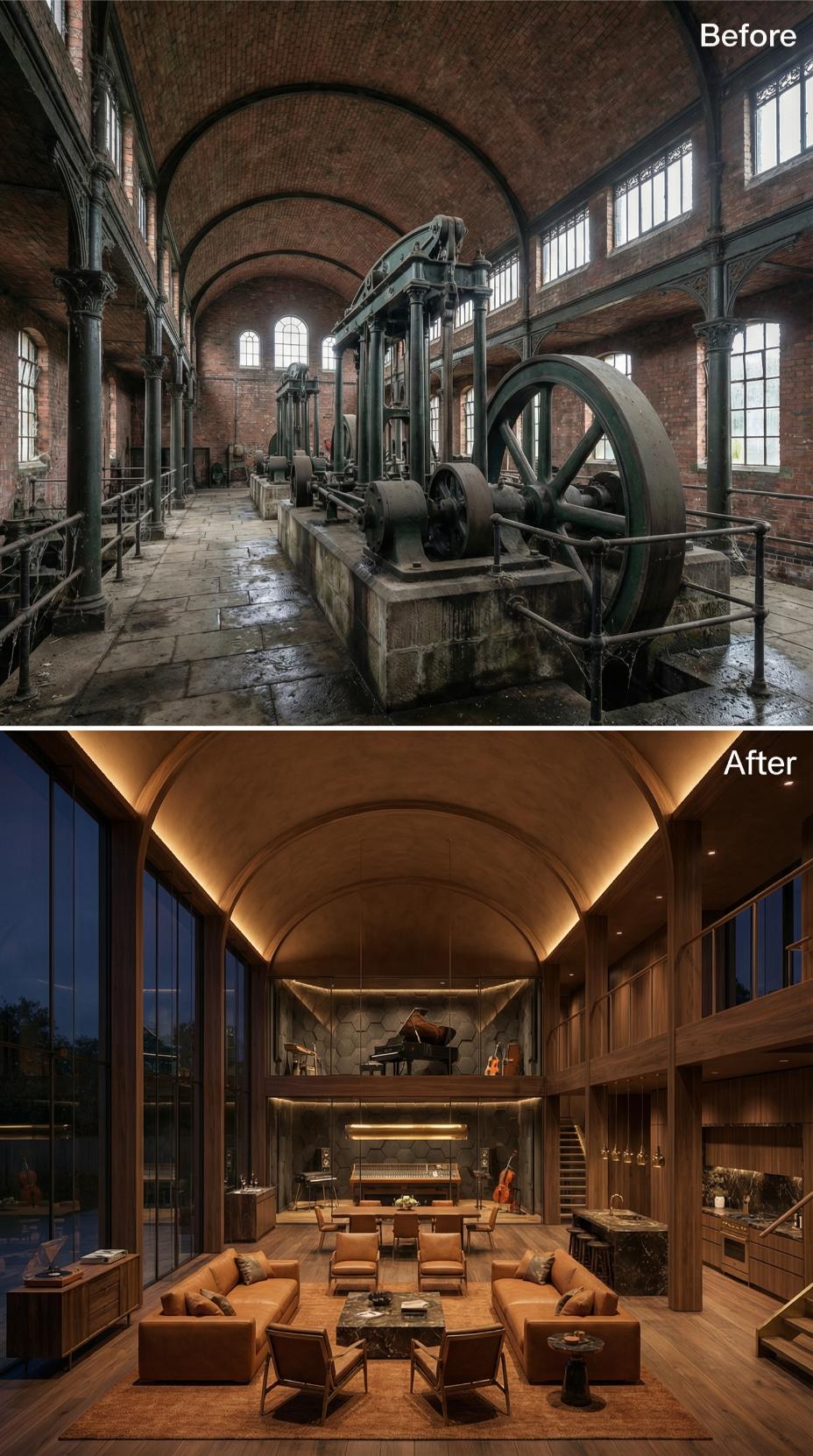 Barrel Vault Plastered Warm, Walnut Lining the Walls, Grand Piano Anchoring the Far End