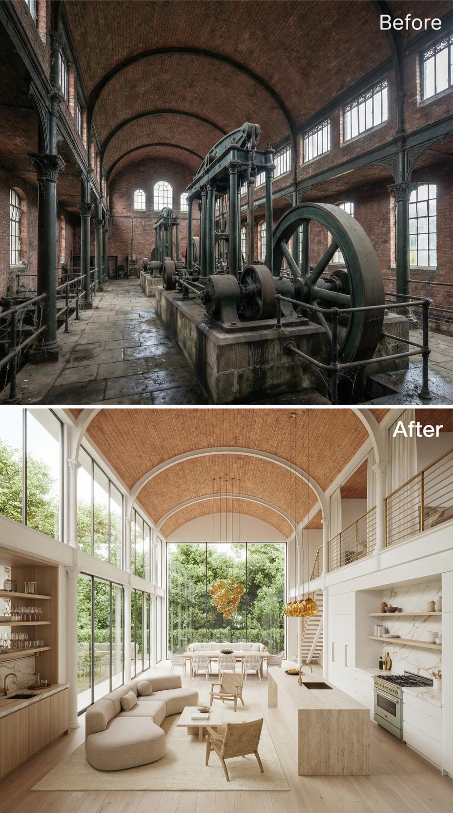 Vaulted Brick Overhead, Curved Linen Sofa Below, and a Kitchen That Finally Makes Sense