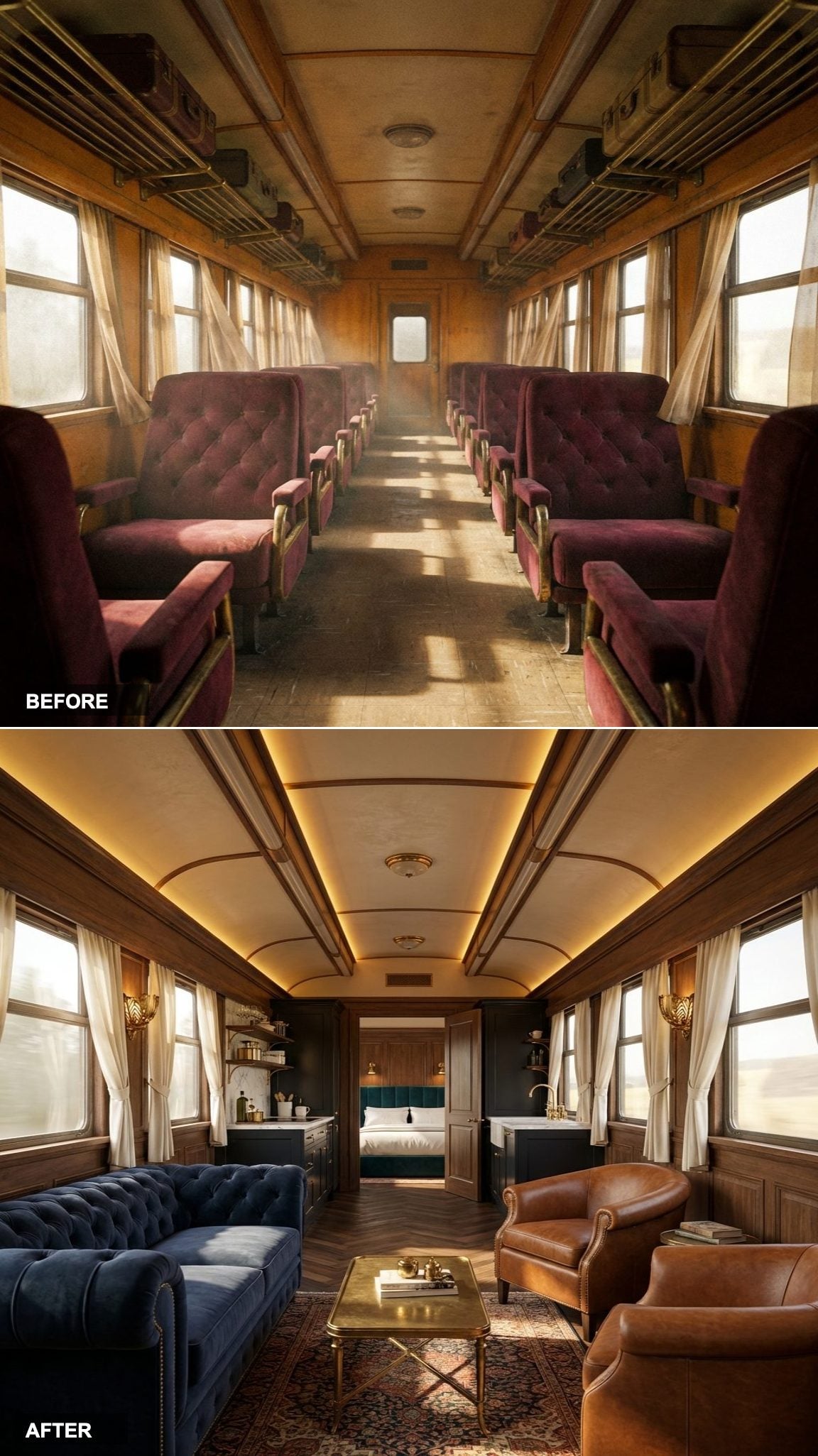 Deep Navy Velvet and Cognac Leather Take This Rail Car to First Class Permanently