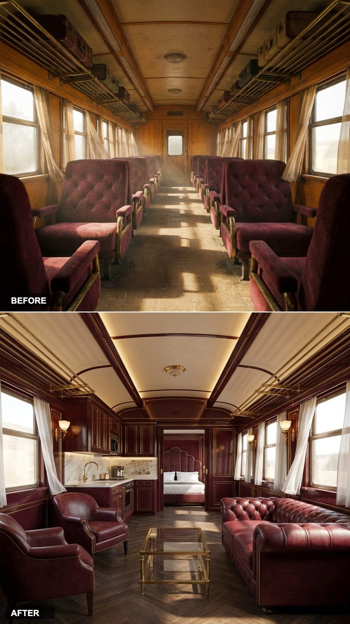 Burgundy Lacquer and Brass Inlay Deliver a Pure Art Deco Private Car Fantasy