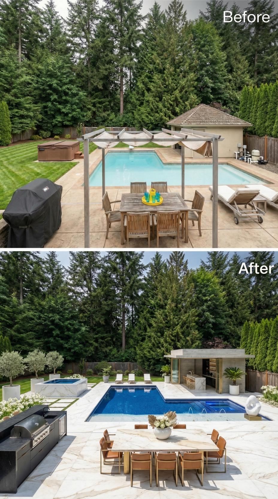 Marble Tile, a Spa Addition, and Built-In Bar Replace a Dated Wood Pergola