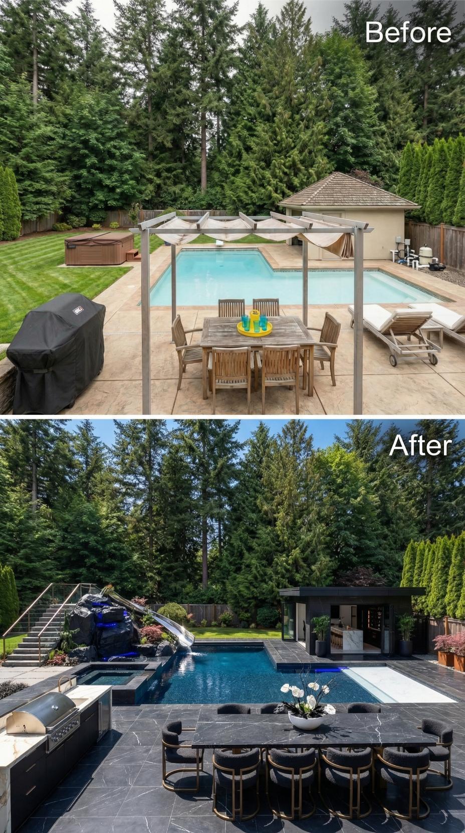 Rock Waterfall Slide and Charcoal Tile Pull a Wooded Backyard Into Luxury Territory