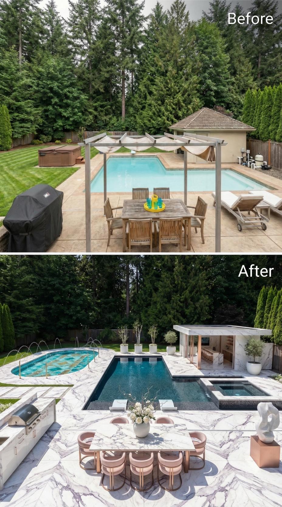 Oval Wading Pool, Marble Decking, and a Spa Addition Retire a Pergola-Era Backyard