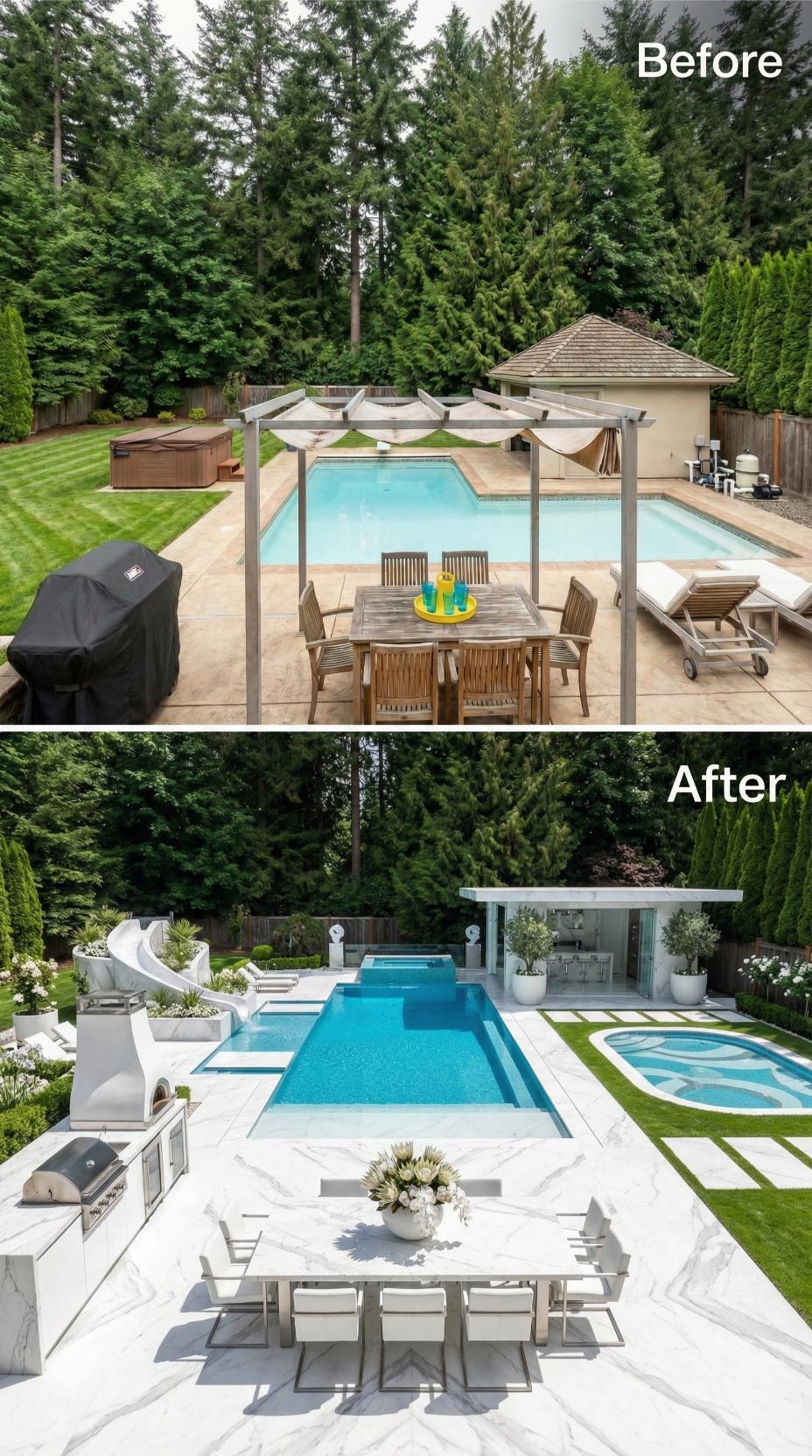 Marble Porcelain Decking, a Water Slide, and a Glass Pool House Retire Weathered Teak