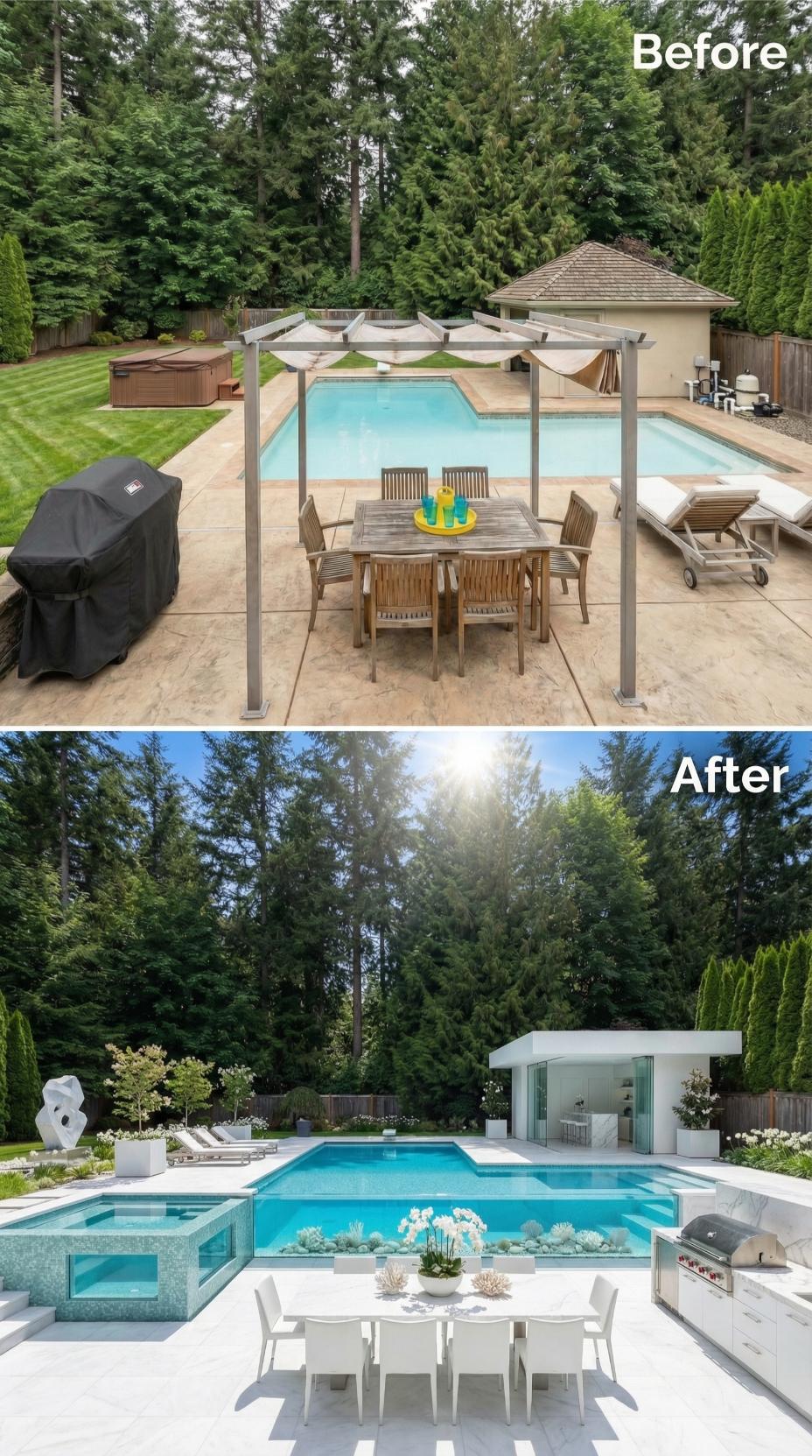Glass-Walled Spa Block and White Porcelain Decking Retire a Pergola-Era Pool
