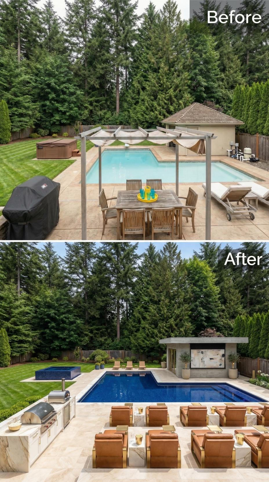 Outdoor Cinema Wall, Caramel Leather Seating, and Navy Tile Retire a Teak Pergola