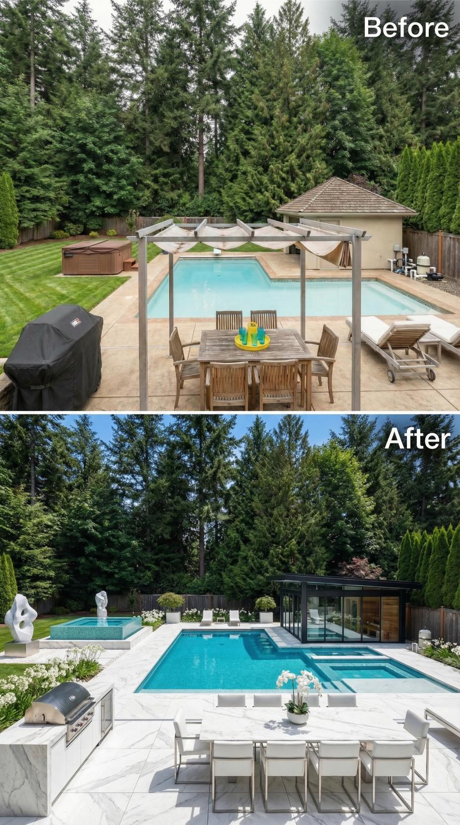 Marble Decking, a Sculptural Spa Block, and a Glass Pavilion Retire a Pergola-Era Pool