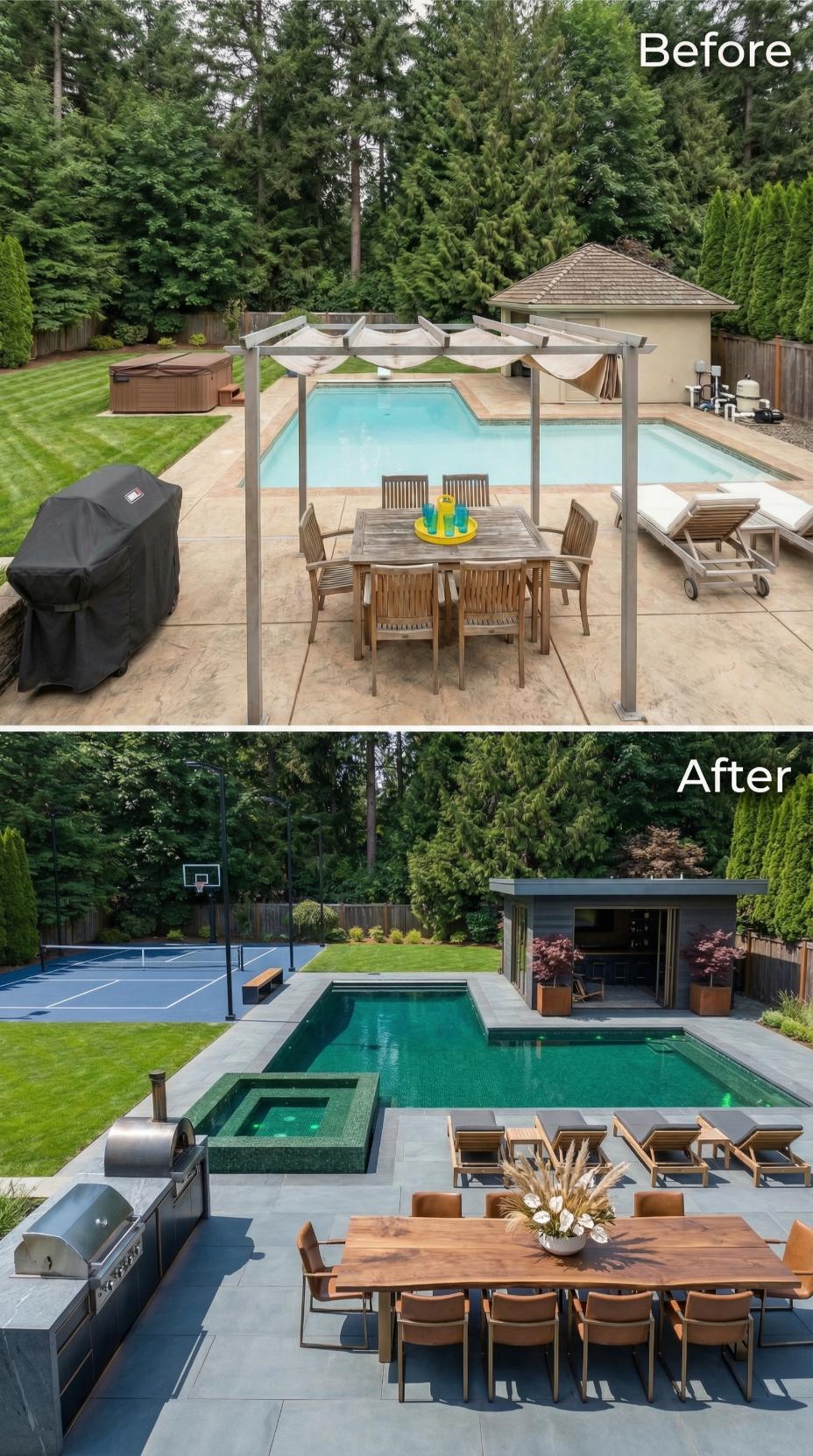 Emerald Tile, a Sport Court Addition, and Gray Porcelain Retire Stamped Concrete and Teak