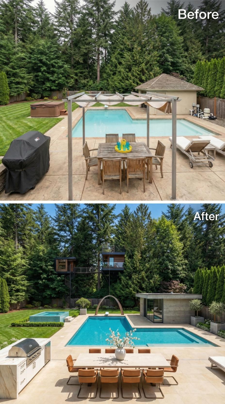 Concrete Pool House, Sculptural Spa Block, and Caramel Leather Retire Teak and Stamped Concrete