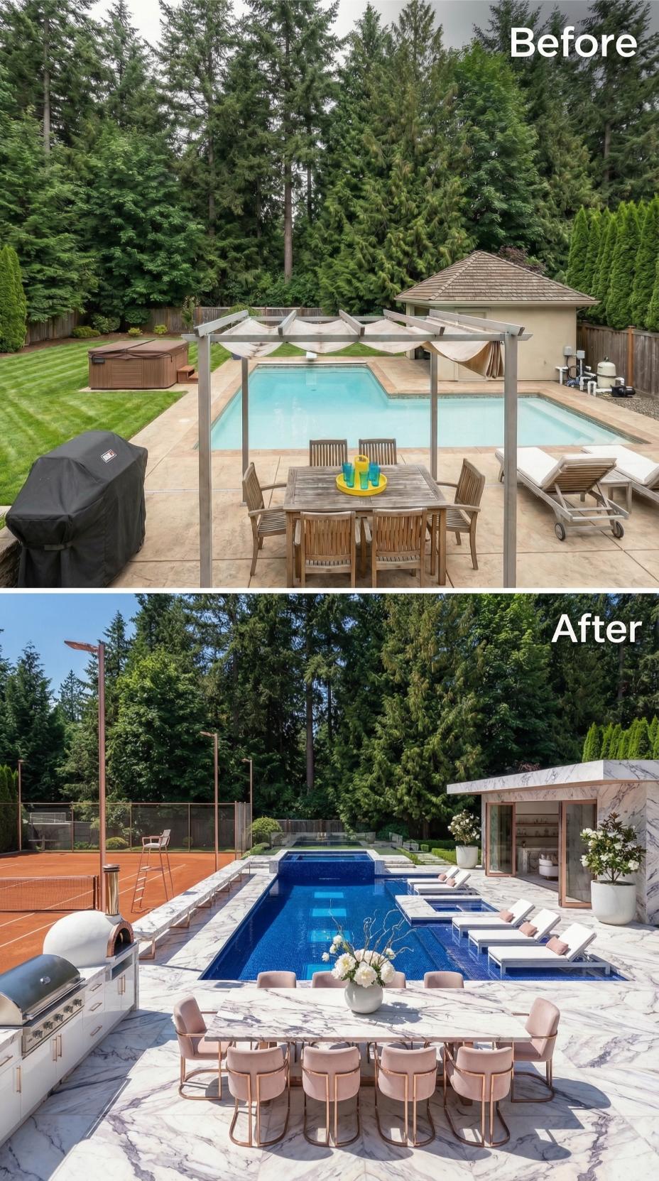 Clay Tennis Court, Marble Pool Surround, and Rose Gold Accents Retire Stamped Concrete