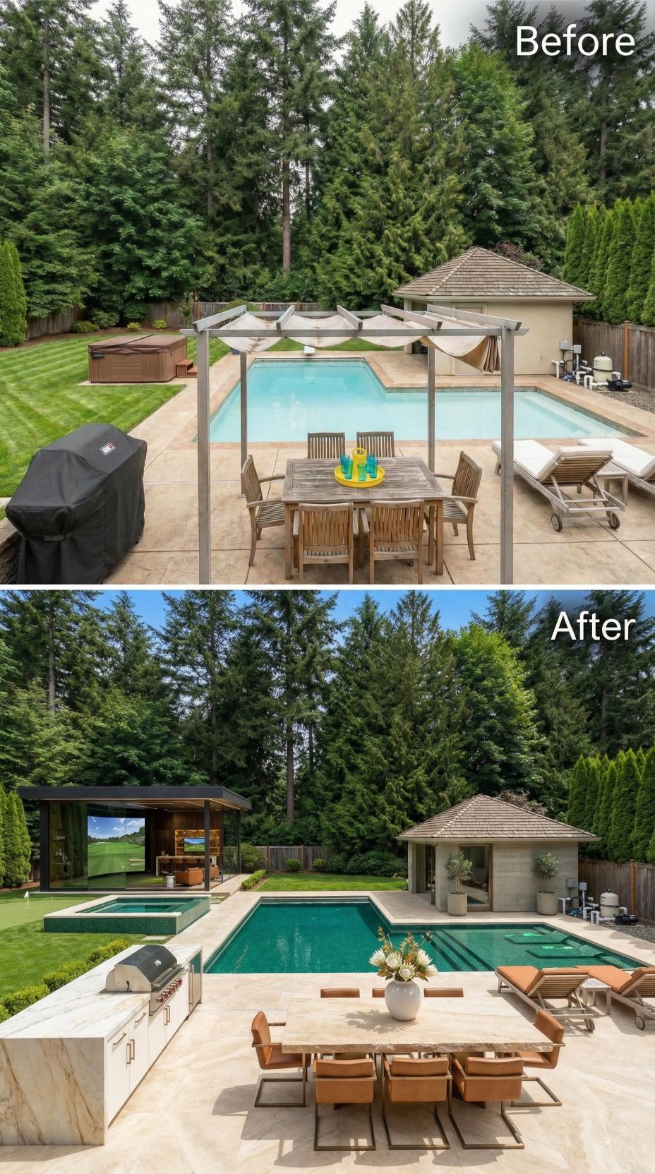 Golf Simulator Pavilion, Caramel Leather Chairs, and Emerald Tile Retire a Pergola-Era Pool