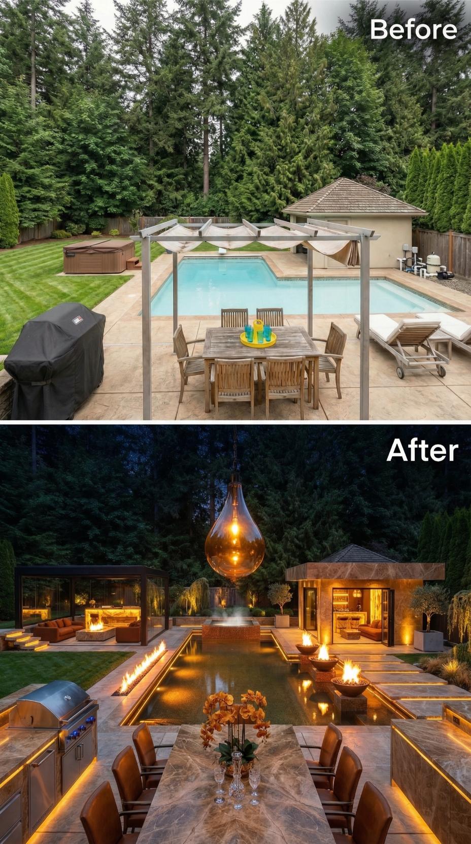 Cognac Leather Dining, a Linear Reflecting Pool, and Fire Bowls Retire Stamped Concrete