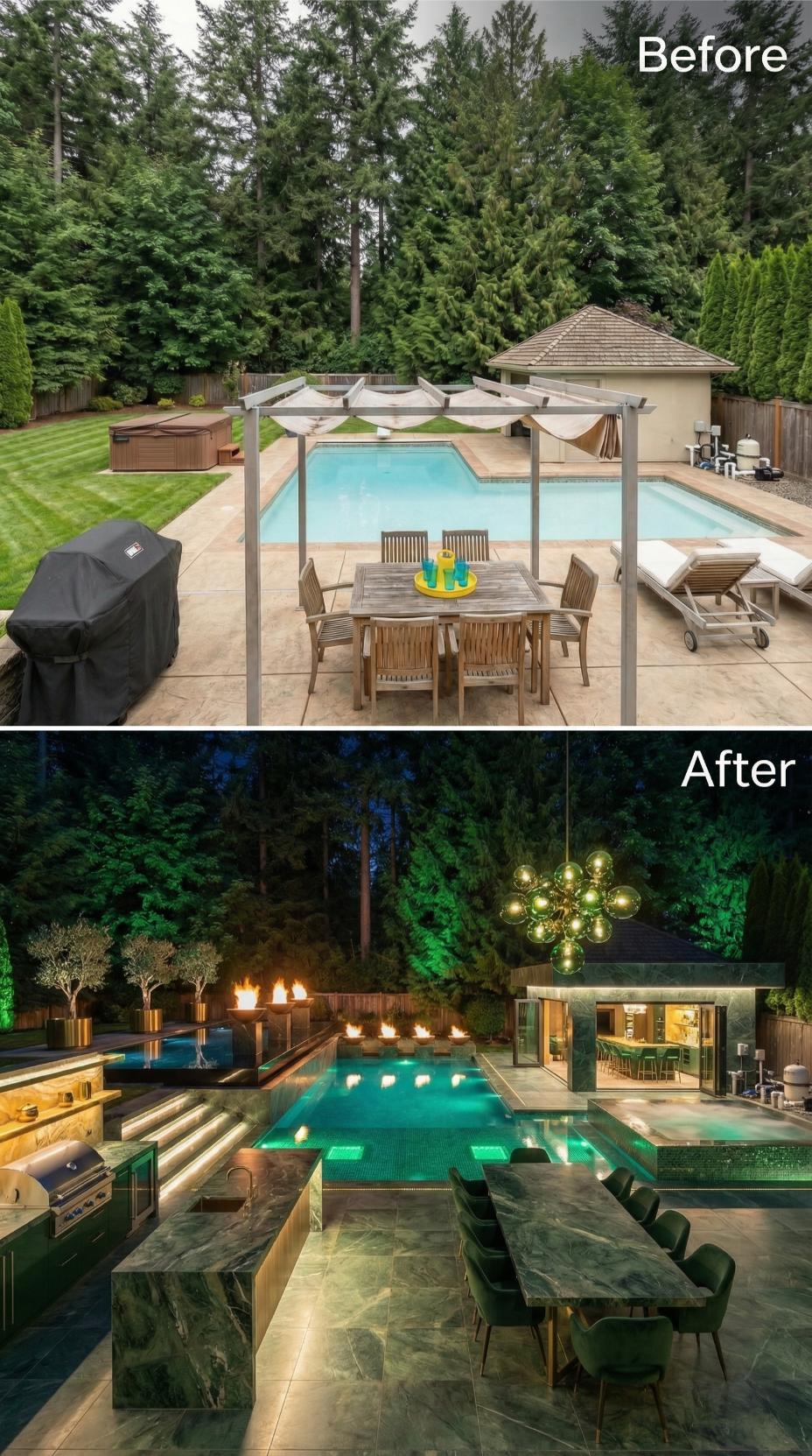 Green Marble Slab Dining, Mosaic Lap Pool, and Fire Channel Retire Cedar Shingles and Teak