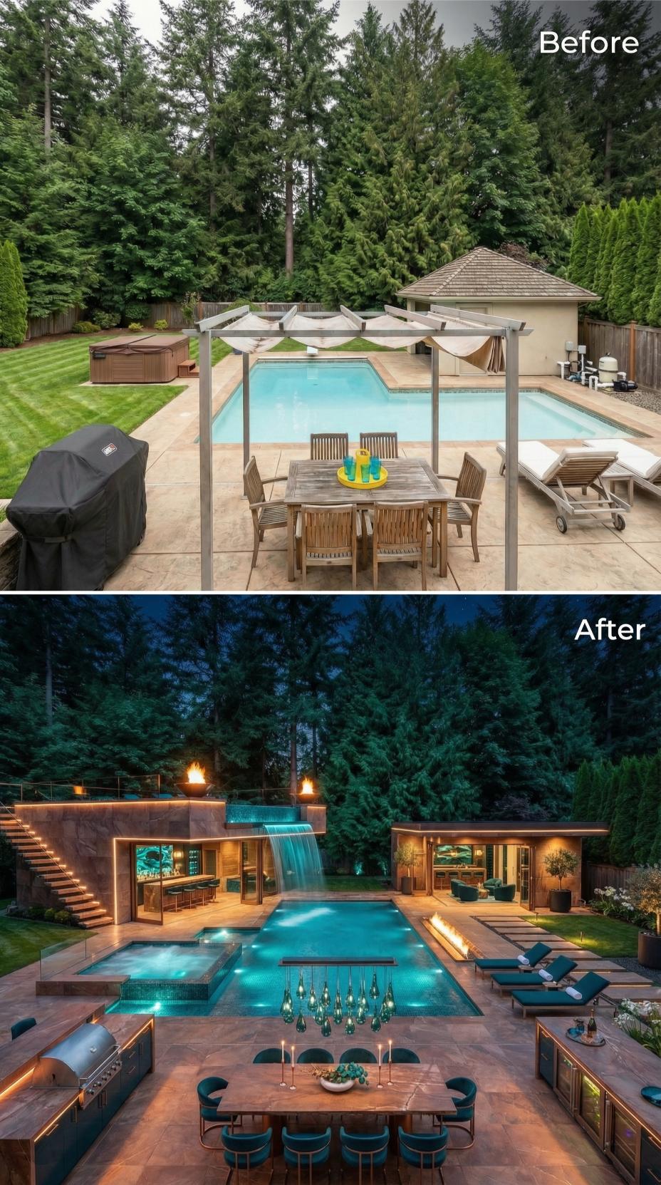 Waterfall Wall and Teal Mosaic Tiles Replace Weathered Wood Pergola