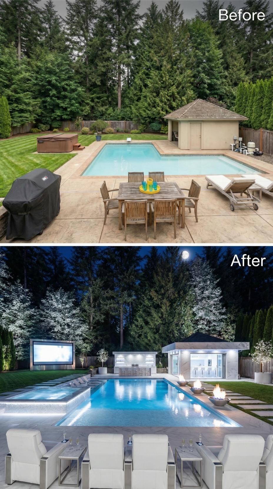 Outdoor Movie Screen, Fire Bowls, and a Modern Pool House Retire Stamped Concrete and Teak