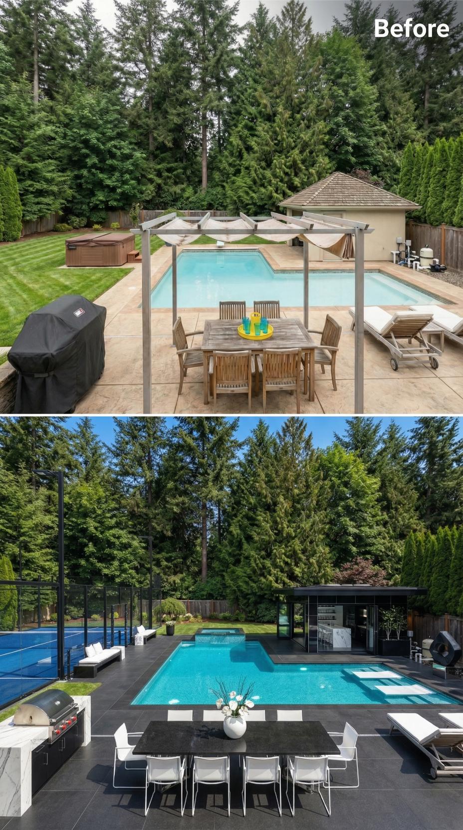 Pickleball Court, Slate Porcelain Decking, and a Glass Cabana Retire a Pergola-Era Pool