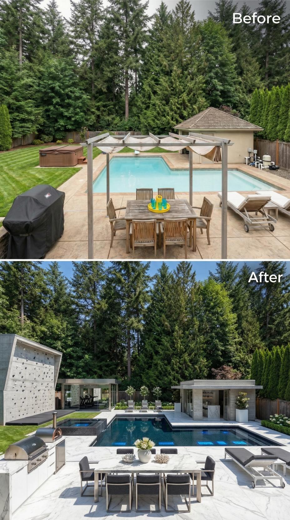 Rock Climbing Wall, Pizza Oven, and Lap Pool Geometry Retire a Teak Pergola