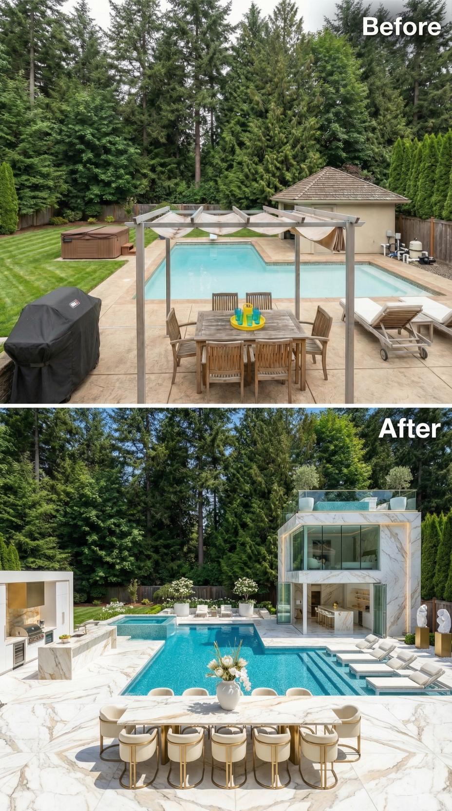 Veined Marble Decking, Gold-Frame Dining, and a Glass Pool House Retire Cedar Shingles