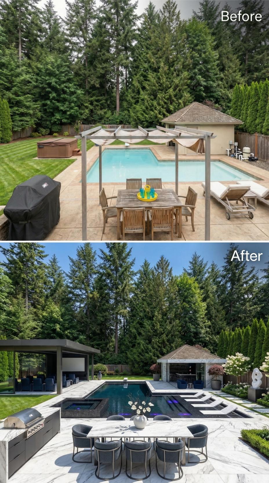 Veined Marble Dining, a Flat-Roof Pavilion, and Dark Pool Tile Retire Cedar Shingles and Teak