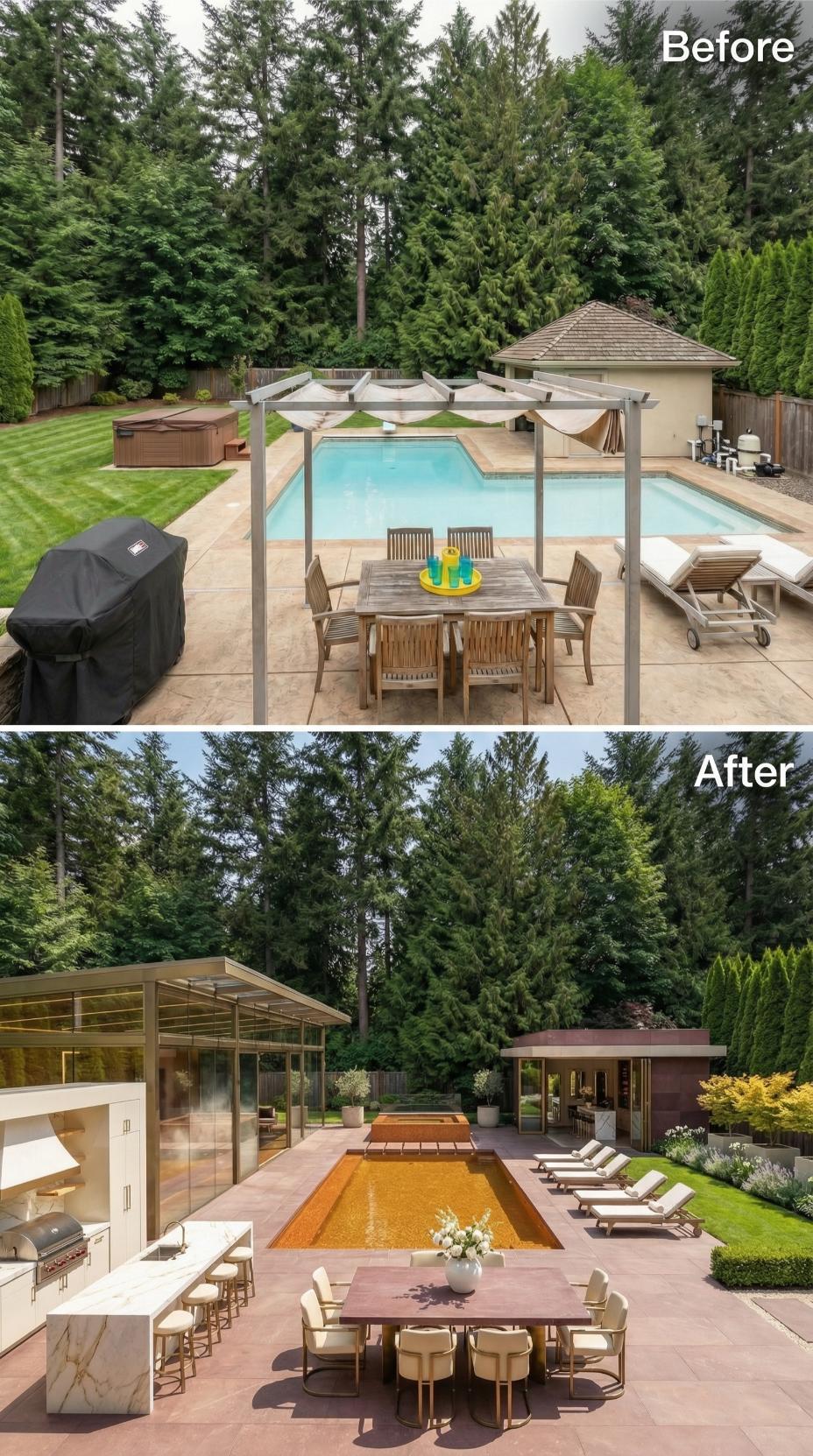 Copper-Bottom Lap Pool, Marble Island Bar, and Glass Enclosure Retire Cedar Shingles and Teak