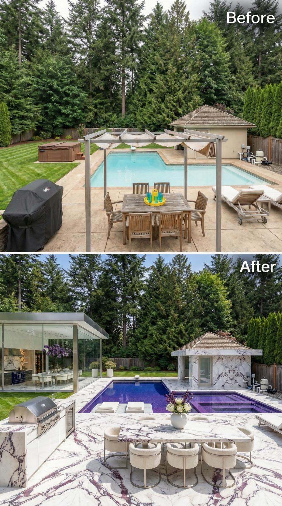 Viola-Veined Marble Decking, a Glass Pavilion, and Cobalt Mosaic Retire Cedar Shingles and Teak