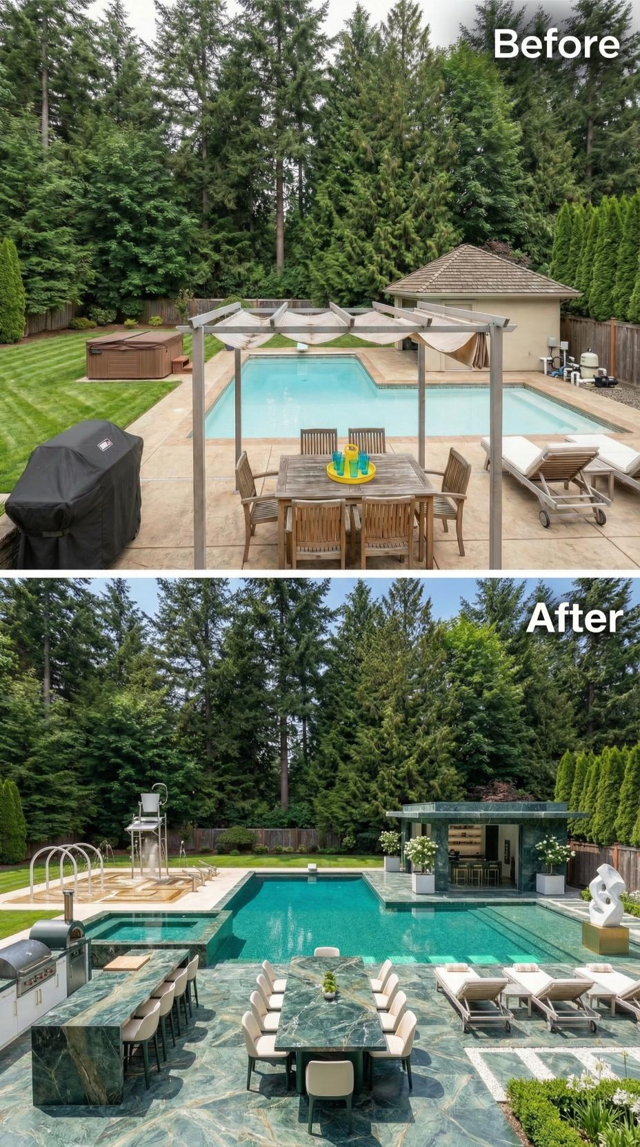 Green Marble Decking, an Outdoor Kitchen Island, and Lap Pool Geometry Retire Teak and Stamped Concrete