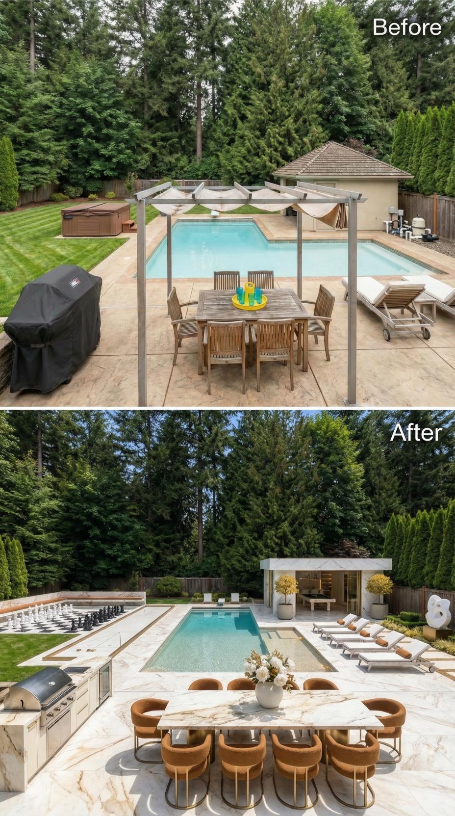 Calacatta Marble Decking, Velvet Round Chairs, and a Giant Chess Board Retire Stamped Concrete