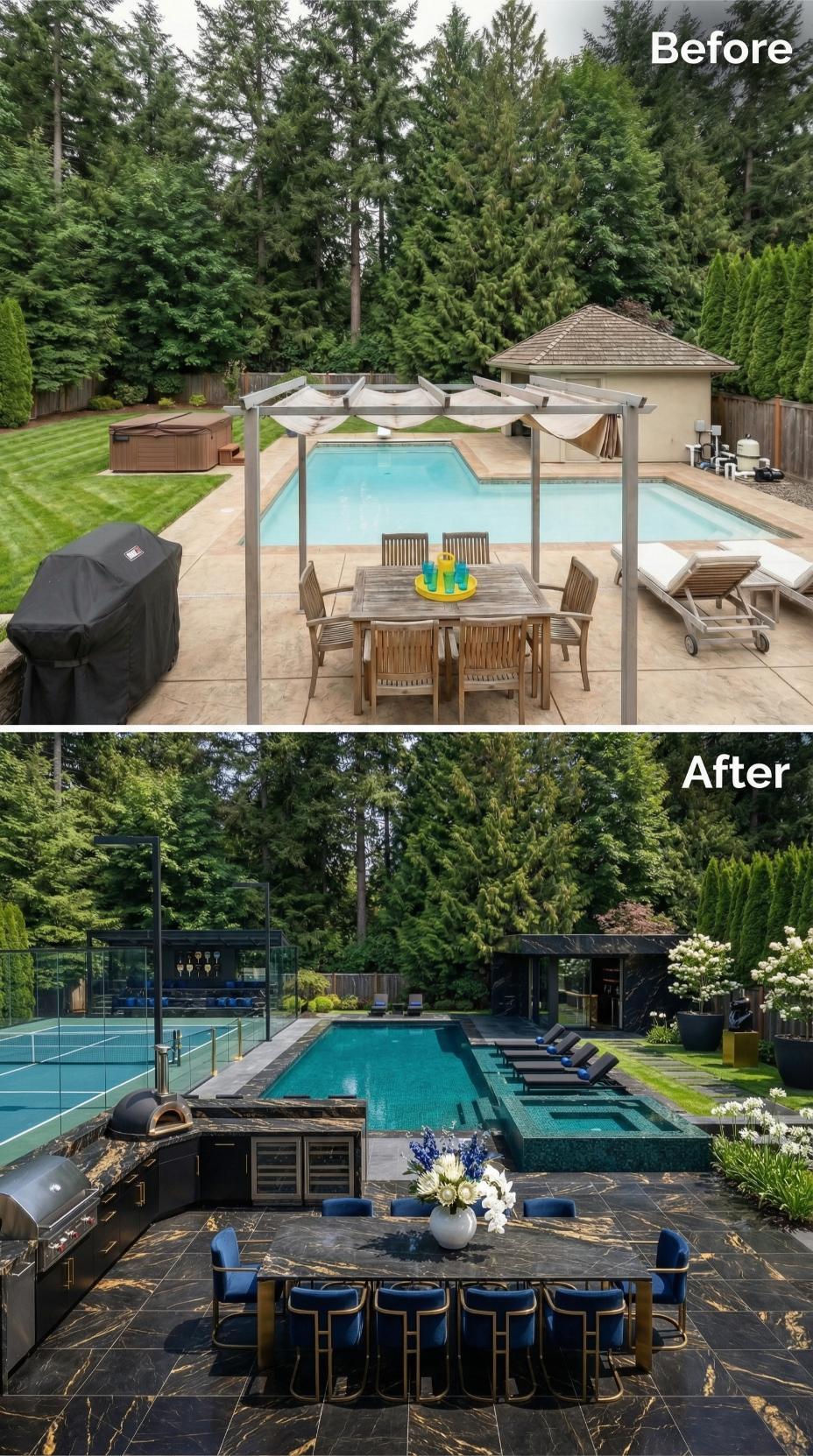 Padel Court, Pizza Oven, and Dark Marble Decking Retire Stamped Concrete and Teak