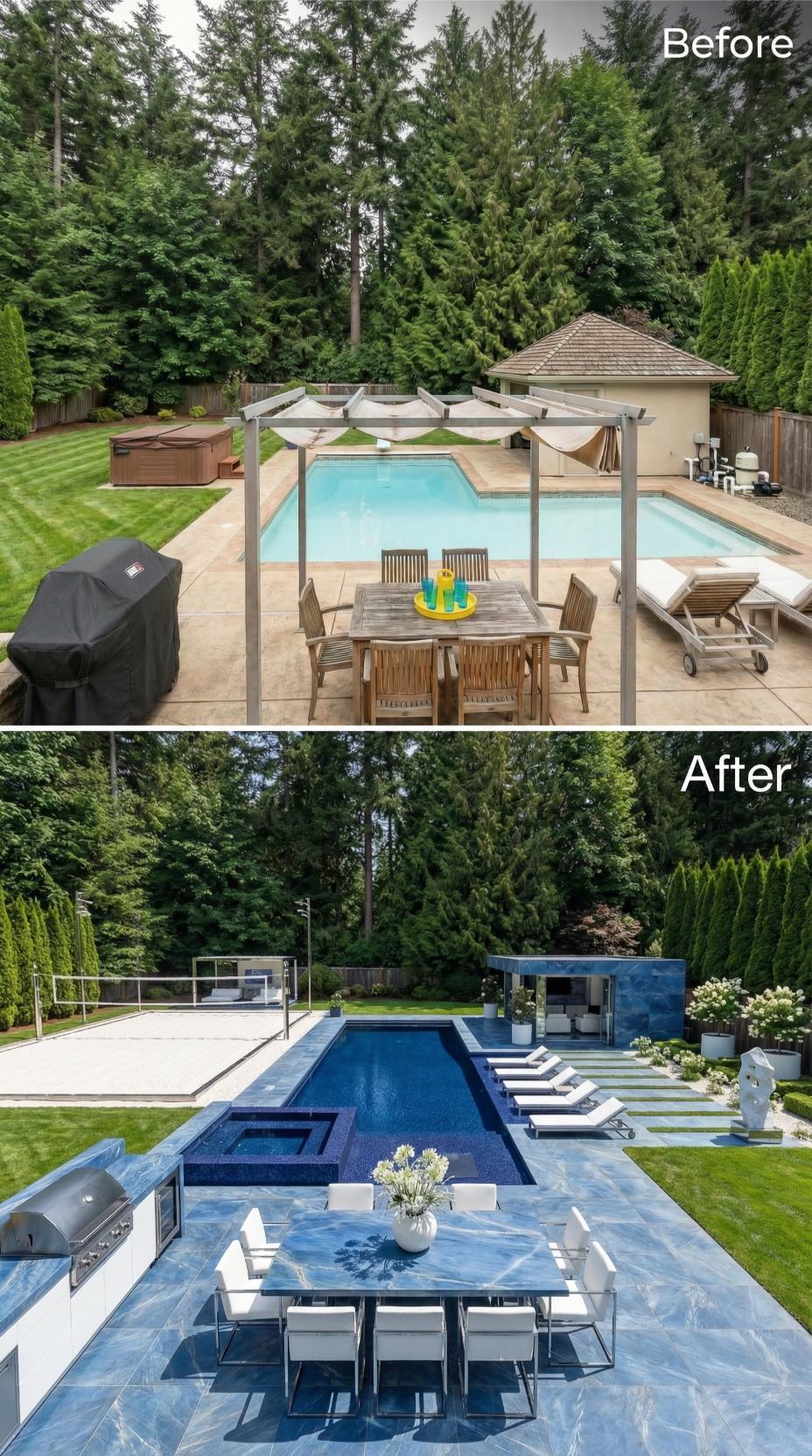 Blue Azul Marble Decking, a Sand Volleyball Court, and Cobalt Mosaic Retire Teak and Stamped Concrete