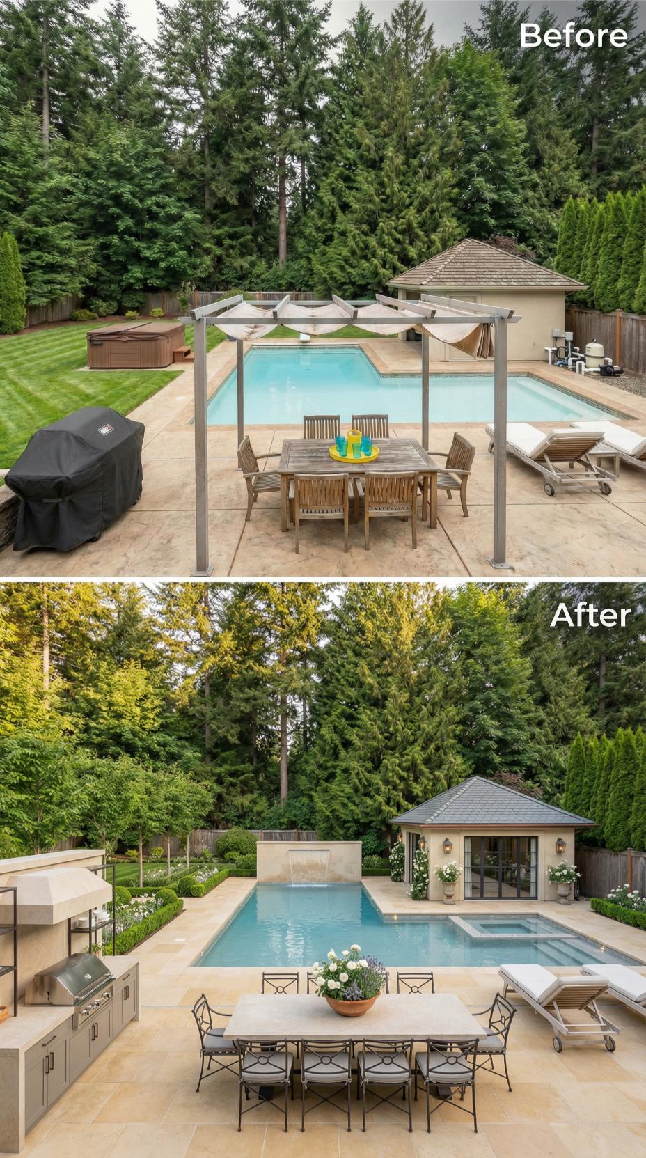 Limestone Decking, a Wall Fountain, and Wrought-Iron Dining Retire Stamped Concrete and Teak