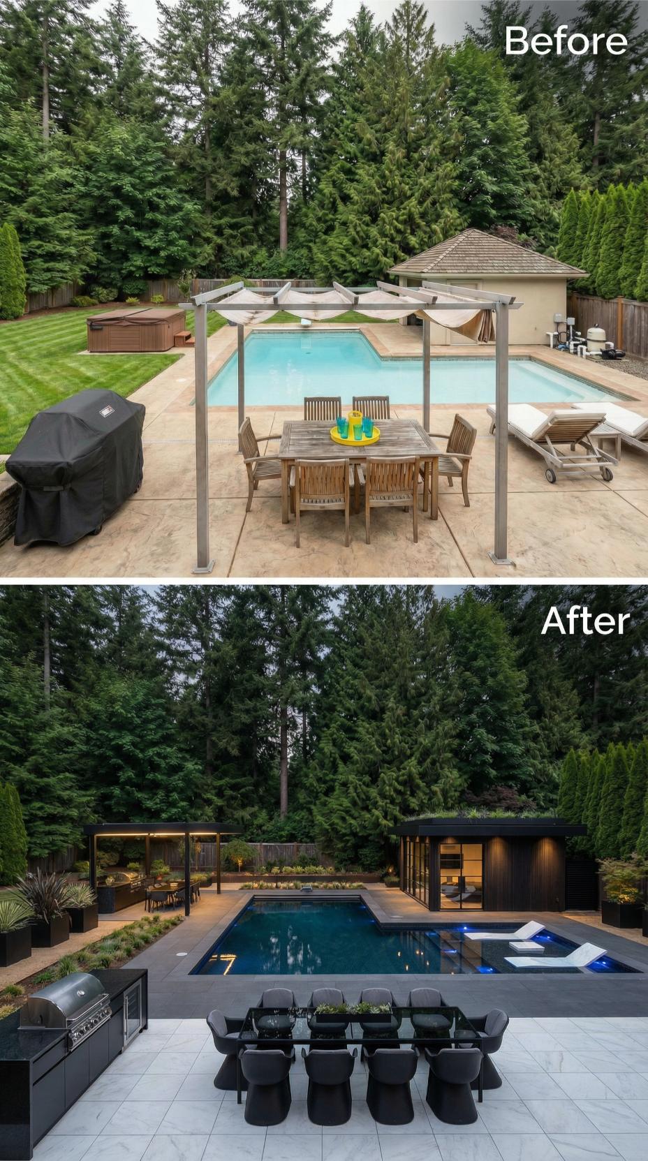 Dark Pool House, Linear Spa, and Large-Format Pavers Retire Stamped Concrete and Teak
