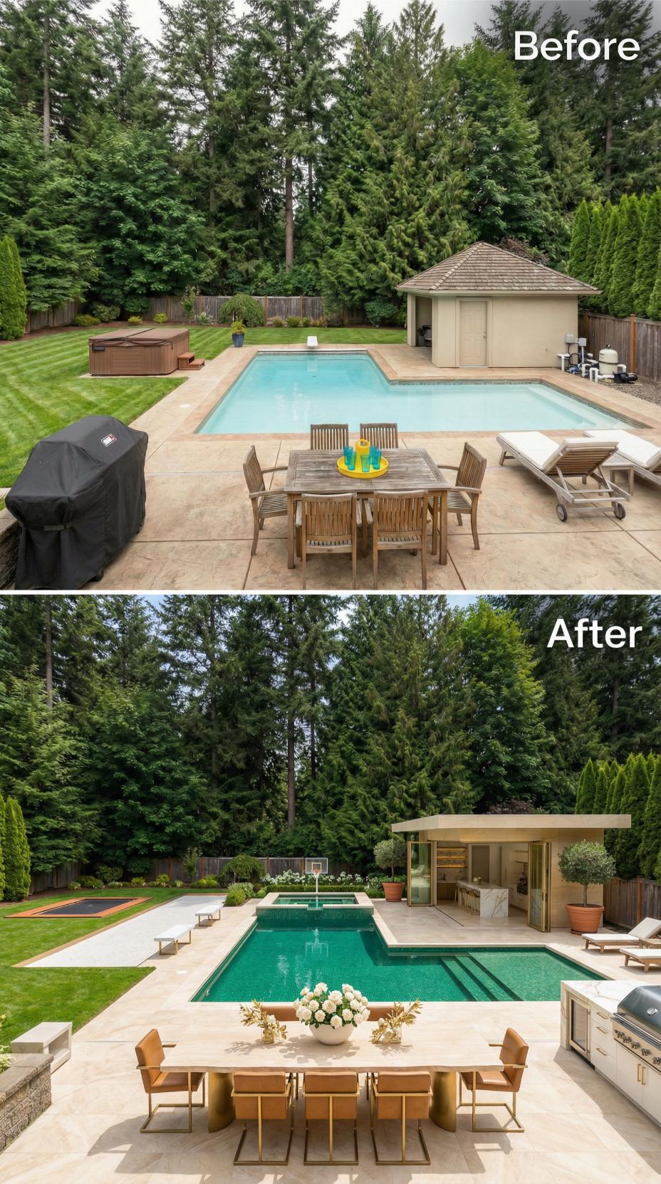 Travertine Decking, a Flat-Roof Pool House, and Fountain Jets Retire Cedar Shingles and Stamped Concrete