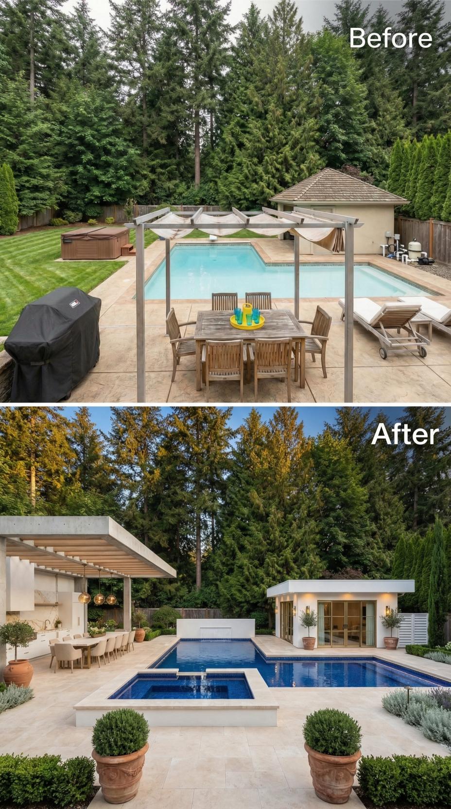Raised Spa Wall and Limestone Decking Pull a Dated Pool Into Modern Territory